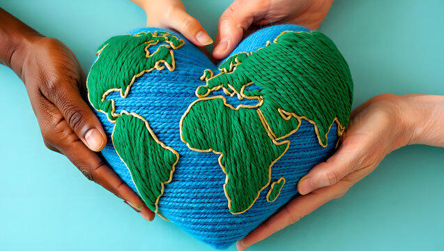 Diverse hands holding a heart shaped earth symbolizing global unity and care