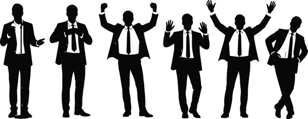 Set of businessman silhouettes in various poses, man in suit celebrating success, professional executive vector collection for corporate, leadership, and motivation concepts.