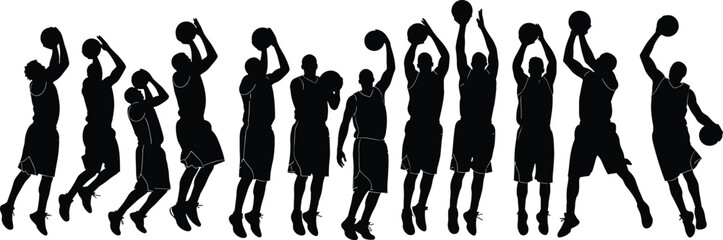 Basketball, player, silhouette, shooting, jumping, sport, athlete, vector, action, dunk
