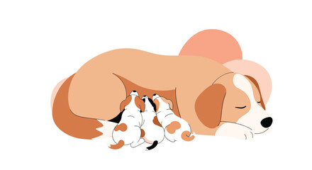 A serene illustration captures a loving mother dog peacefully sleeping as her three adorable puppies nurse by her side, portraying warmth and maternal care.