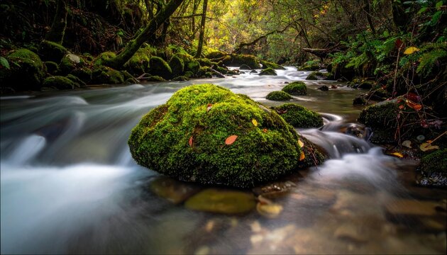 A scenic landscape photograph of a river flowing through a lush forest. The water is blurred due to long exposure, with moss-covered rocks in the foreground and - Powered by Adobe
