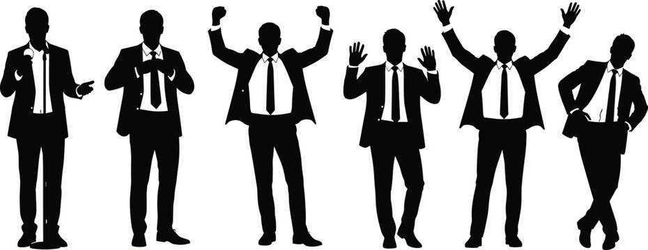 Set of businessman silhouettes in various poses, man in suit celebrating success, professional executive vector collection for corporate, leadership, and motivation concepts.