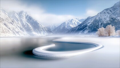 A beautiful winter landscape featuring a snowy lake with a curved snow formation, surrounded by snow-covered mountains under a clear blue sky. The scene evokes