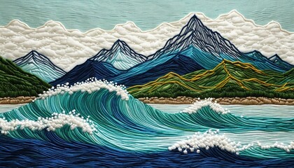 Stunning embroidered landscape of mountains, ocean waves, and dreamy clouds artfully crafted with thread