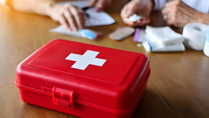 Red first aid kit with white cross symbol on wooden table