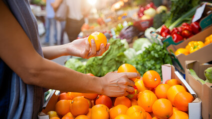 Person selecting fresh oranges at a vibrant outdoor farmers market