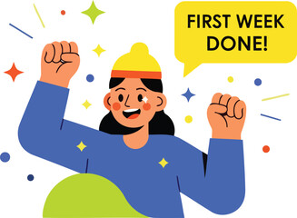 Celebrating first week done with cheerful employee success and achievement flat vector artwork with solid colors