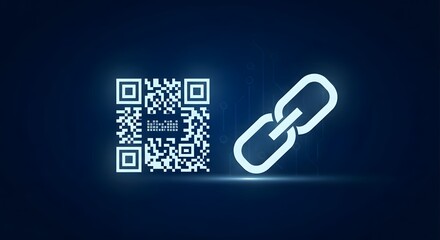 Glowing blue qr code and chain link icon on dark digital background