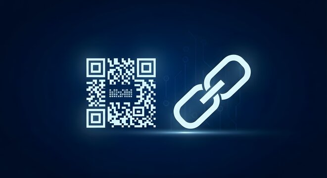 Glowing blue qr code and chain link icon on dark digital background - Powered by Adobe