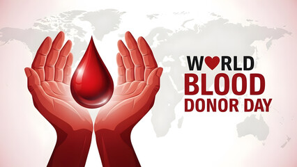 Hands cradling a blood drop with world blood donor day text
