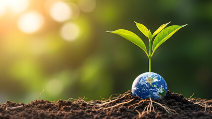 New green sprout growing from earth globe symbolizing growth and sustainability