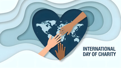 Diverse hands reaching towards a heart shaped world map international day of charity