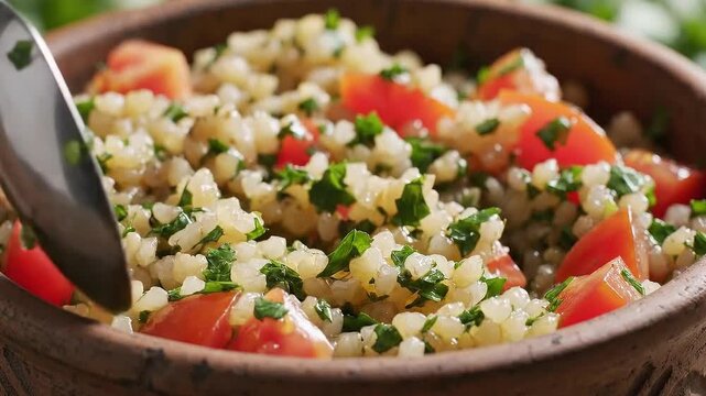 Close up of healthy bulgur salad with fresh tomatoes and parsley being scooped from a rustic bowl, natural lighting and earthy tones