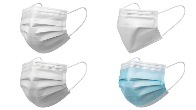 Collage Of Four Disposable Face Masks On White Background medical mask disposable mask - Powered by Adobe