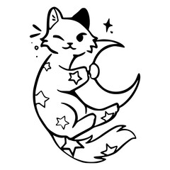 cosmic cat hugging crescent moon outline vector