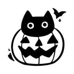 black cat in jack-o'-lantern with bats silhouette