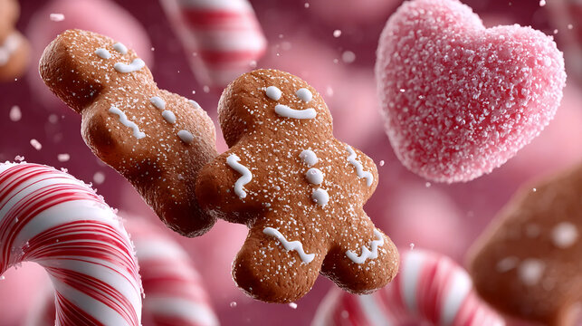 Flying gingerbread men cookies with candy canes and heart-shaped sweets | Festive holiday treats including gingerbread, peppermint, and pink candies | Christmas candy assortment with gingerbread and s - Powered by Adobe