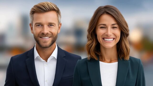 Smiling Professional: A portrait of two confident professionals, a man and a woman, exuding positivity with genuine smiles and poised composure. Capturing their professional elegance.