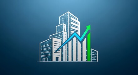 Sketch of office building with upward trending line graph and arrow