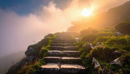 A stone staircase ascends a mountain, bathed in the golden light of sunrise, with clouds and mist surrounding the path.