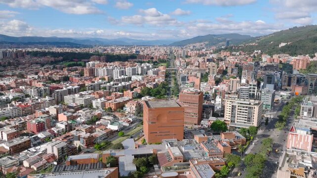 Drone shot overlooking the North neighborhood of Bogota, Colombia