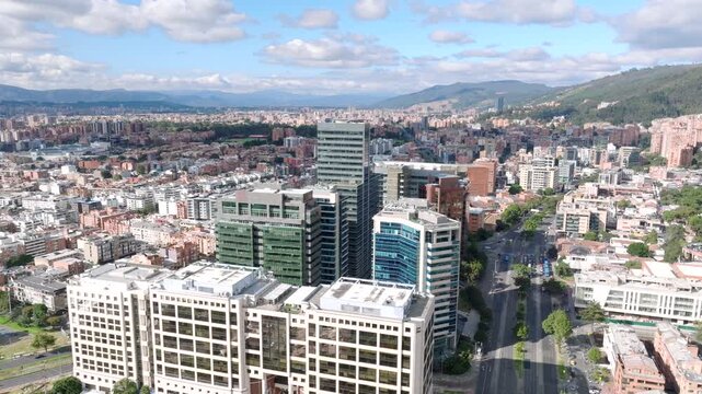 Drone shot overlooking a corporate center in Bogota, Colombia