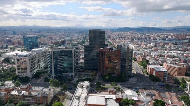 Drone shot overlooking a business center in Bogota, Colombia