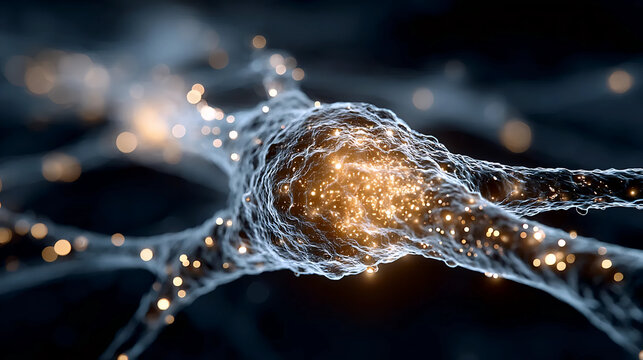 Artificial neural network with glowing synapses and electric connections | Abstract visualization of neural activity in digital brain | Glowing neuron connections representing AI and data processing