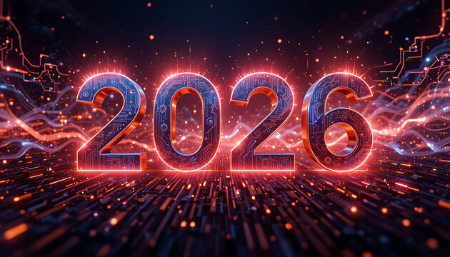 Abstract cyber-tech New Year 2026 banner with circuit-board patterns, flowing light trails, glowing data streams, and metallic 3D numbers ‘2026’, clean modern design, dark premium background.”