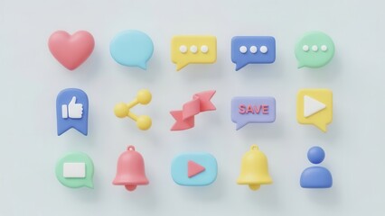Pastel social media 3d icons arranged in a grid with heart, speech bubbles, like, share and