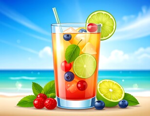 Refreshing cocktail with fresh fruit, ice, and straw on beach with ocean in background