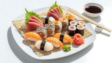 An appealing platter of assorted Japanese sushi and sashimi, including tuna, salmon, and maki rolls, elegantly presented on a bamboo mat with ginger, wasabi, and soy sauce.