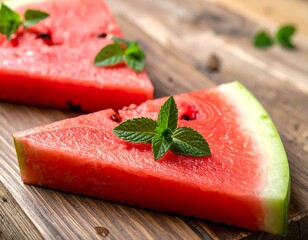 Refreshing close-up of watermelon slices with mint on a rustic wooden surface