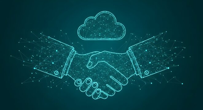Digital handshake and cloud computing concept represented by glowing lines - Powered by Adobe