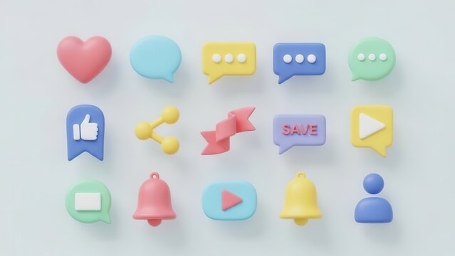 Pastel social media 3d icons arranged in a grid with heart, speech bubbles, like, share and