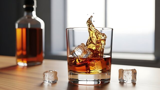 A glass of amber-colored whiskey with ice cubes, captured mid-splash on a wooden bar counter next to an out-of-focus bottle, conveying a rich, smooth, and dynamic drinking experience. - Powered by Adobe