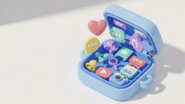 Pastel social media icons exploding from a playful toolbox on a clean white background - Powered by Adobe