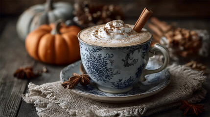 Pumpkin spice latte in vintage porcelain cup with cinnamon and autumn decor | Hot seasonal coffee with whipped cream and cinnamon stick in elegant mug | Festive autumn beverage with cozy rustic stylin