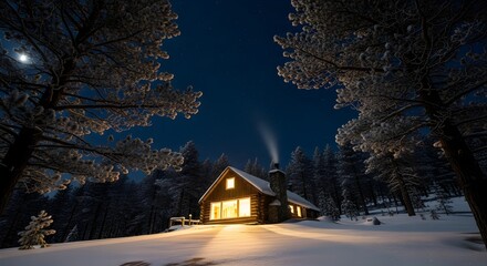 A secluded log cabin radiates a warm, inviting glow across the pristine snow during a quiet, moonlit winter evening retreat