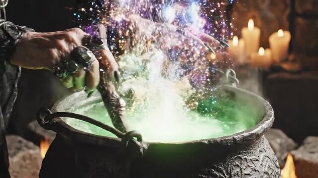 Mysterious potion brewing in cauldron with magical smoke and bubbling liquid