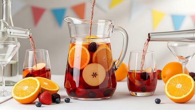 A clear pitcher is being filled with vibrant red sangria, mixed with orange slices, apple slices, and berries, set amongst glasses and fresh fruit with festive party bunting in the background.