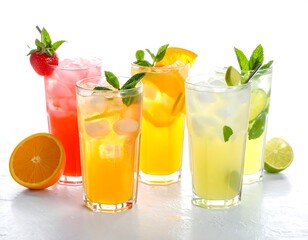 Refreshing colorful summer drinks on a bright white surface with ice and fruit garnishes