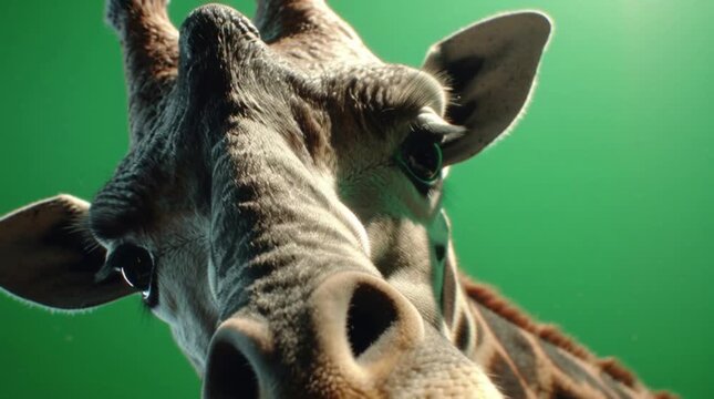 Close-up portrait of a giraffe's head against a green background