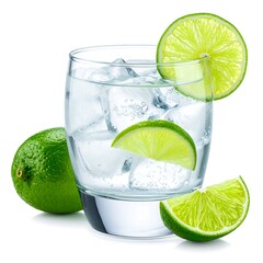 Refreshing drink, ice-filled glass, garnished lime slice, with whole and cut limes