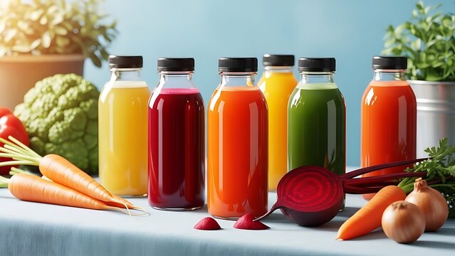 A colorful lineup of freshly bottled vegetable and fruit juices, including beet, carrot, and green blends, displayed on a table with raw vegetables like carrots and onions, emphasizing health and deto - Powered by Adobe