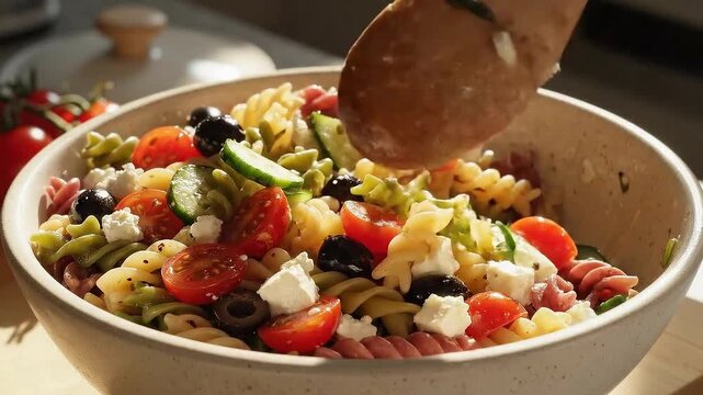 Delicious Tri Color Rotini Pasta Salad With Cherry Tomatoes Cucumber Feta Olives And Fresh Herbs Served In A Ceramic Bowl With Wooden Spoon Close Up