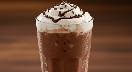 Refreshing iced beverage, chocolatey and topped with whipped cream and chocolate sprinkles