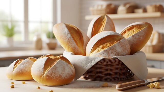 A rustic basket overflowing with freshly baked, artisanal round and oval loaves of bread dusted with flour, sitting on a wooden counter in a bright, inviting kitchen setting.