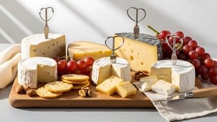 A beautifully curated cheese board featuring wedges of various cheeses like Brie and Swiss, garnished with red grapes, walnuts, almonds, and crackers, perfect for an elegant appetizer.