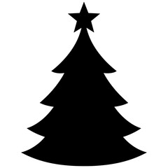 Obraz premium Black Christmas Tree Silhouette with Star Topper Vector Icon, Minimalist Holiday Pine Tree Symbol or Graphic Design Element, Christmas cards, website banners, mobile apps, and any marketing material